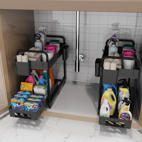 2 Pack Black 2 Tier Sliding Under Sink Shelf with 4 Hooks and Cup Slot E8904