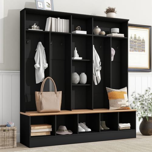 White Hall Tree with Shoe Storage Bench and Coat Rack Y24319