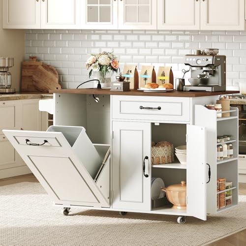 White and Walnut Kitchen Island with Power Outlet and Drop Leaf W7712