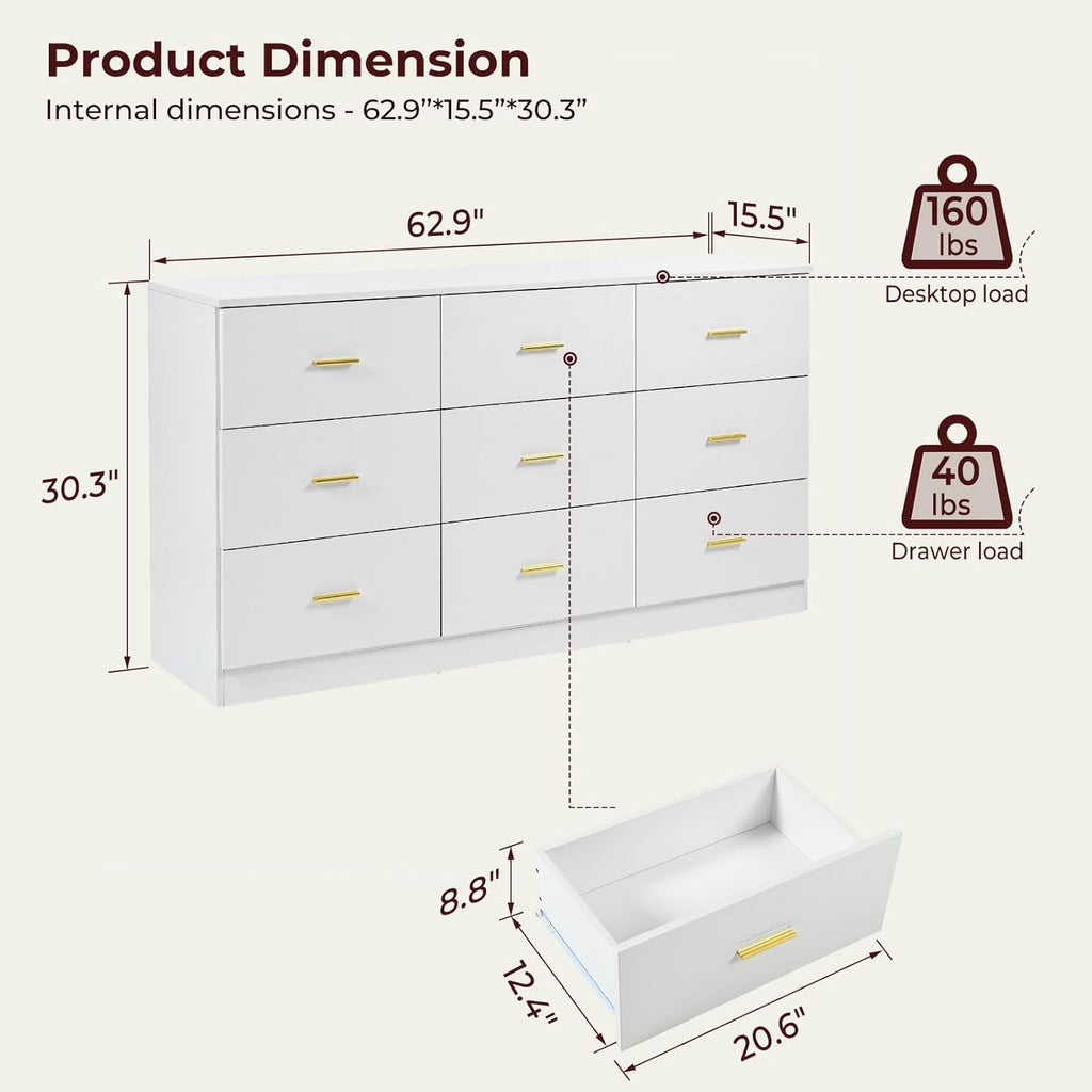White 9 Drawer Dresser with Wooden Top O1823