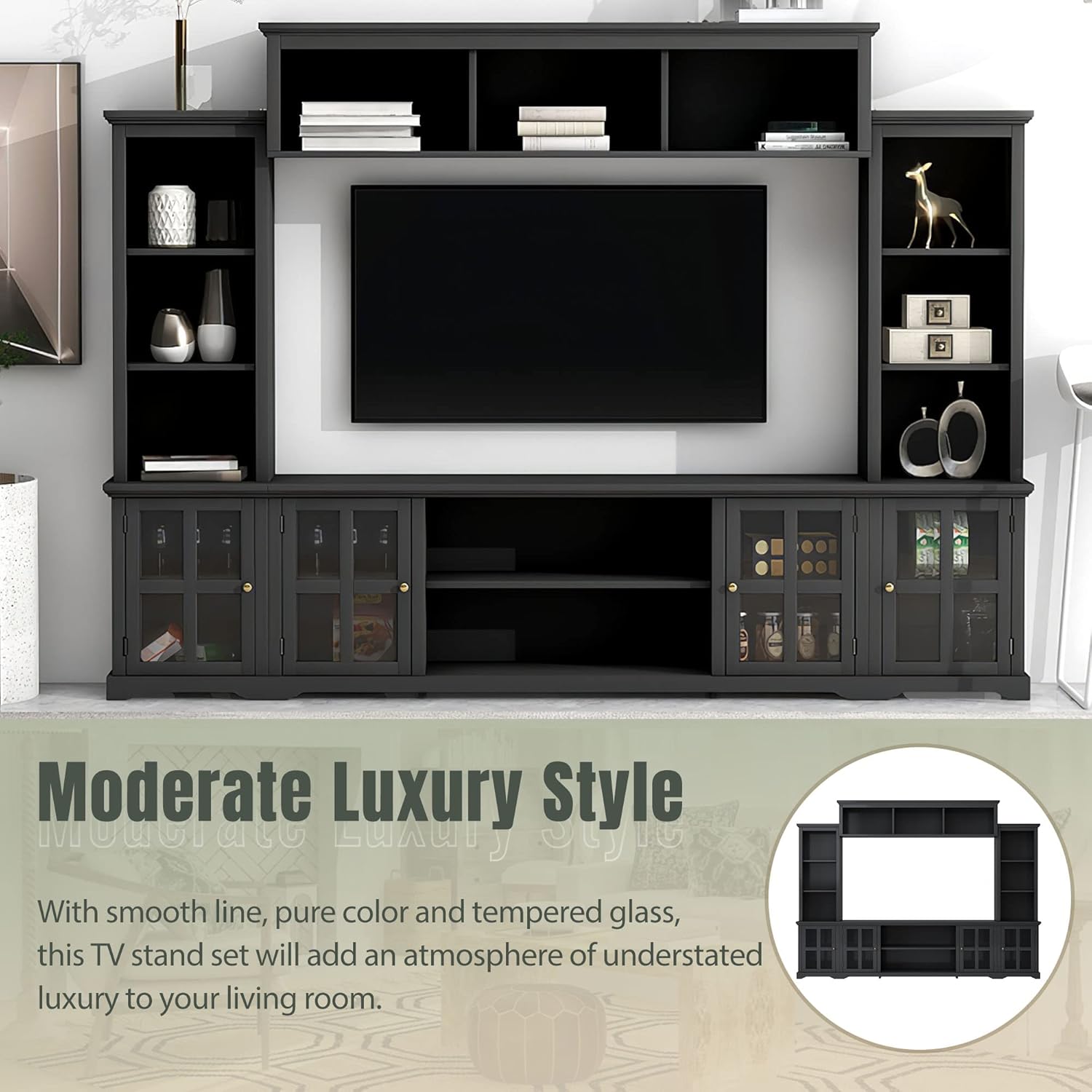 Black 104 Inch Entertainment Wall Unit with Tempered Glass Door U65357