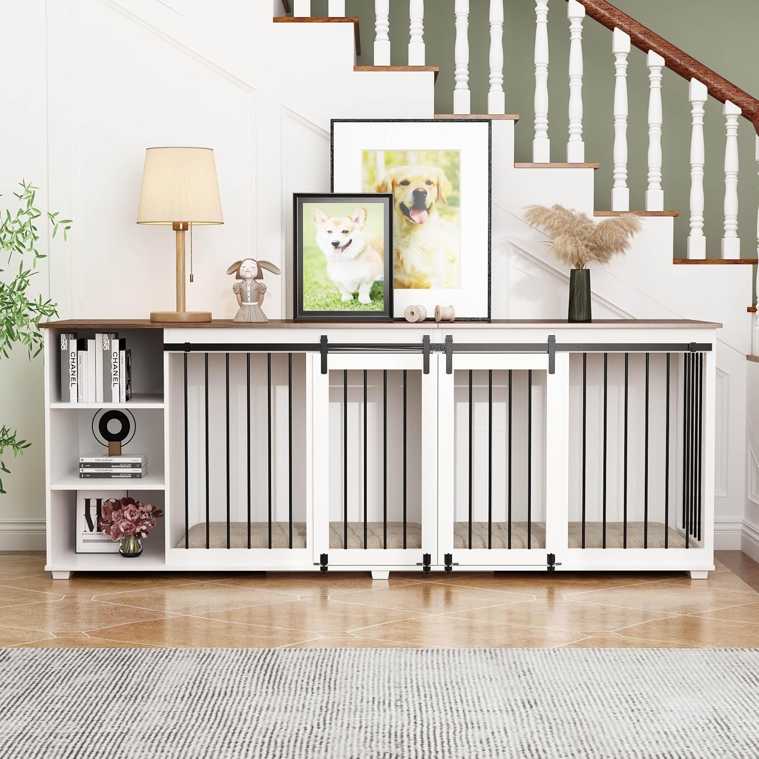White 86.6" Wooden Dog Crate Furniture with Shelves, Divider & Sliding Door U742858