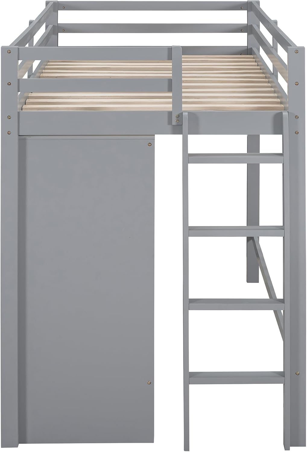Gray Wood Twin Size Loft Bed with Storage Drawer and Two Wardrobes C96581