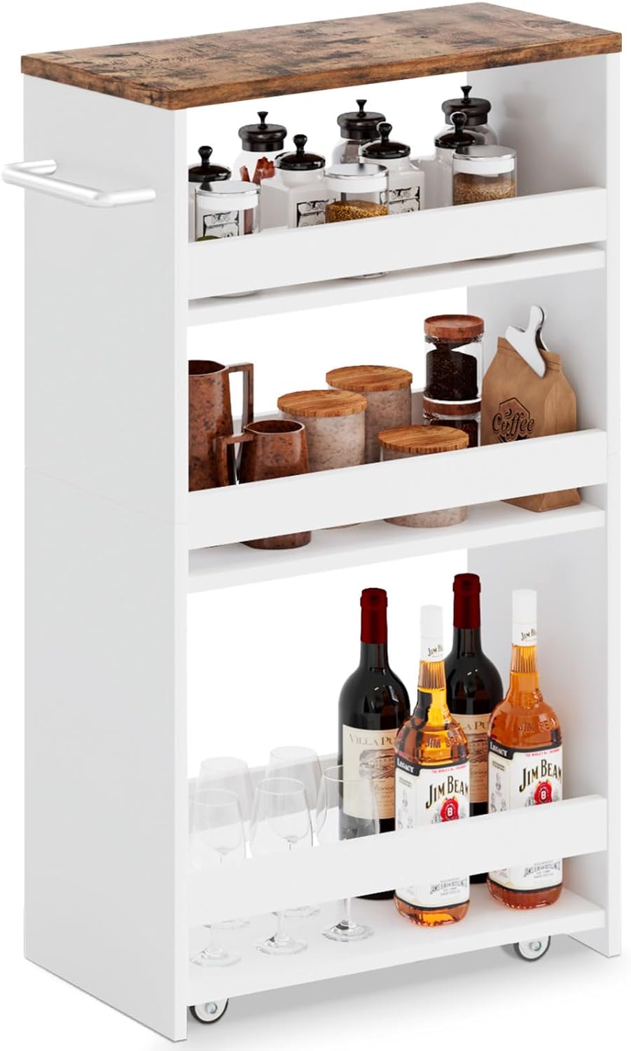 4-Tier Wood White Rolling Storage Cart D9690