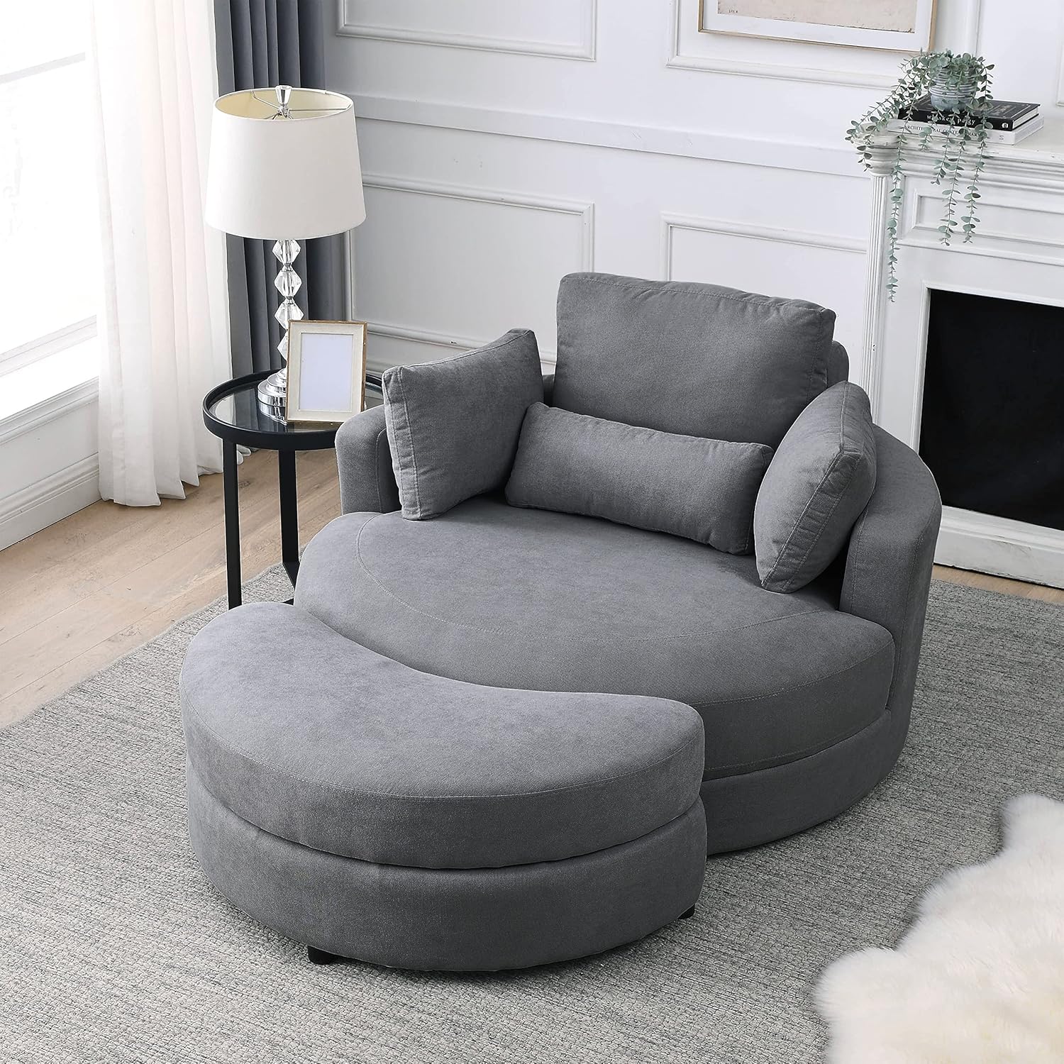 Dark Grey Linen Swivel Accent Chair with Storage Ottoman T98712