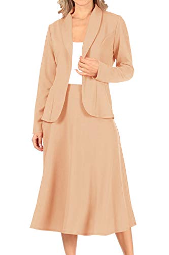Women's Two Piece Lightweight Solid Long Sleeve Blazer Midi Skirt I8690