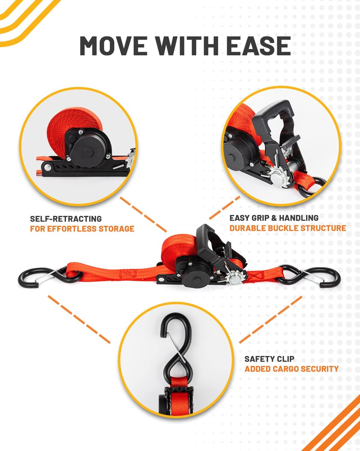 Retractable Ratchet Straps 1 in x 15 ft Heavy Duty Tie Downs with S Hooks F7980