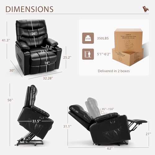 PU Leather Electric Power Lift Chair Recliners with Heat and Massage, Adjustable Back Leg, USB Ports, Cupholders Y5143