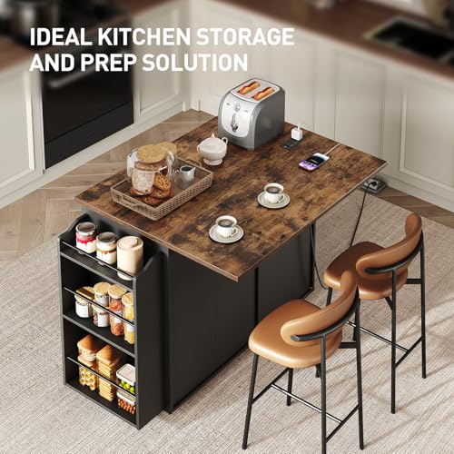 White and Walnut Kitchen Island with Power Outlet and Drop Leaf W7712