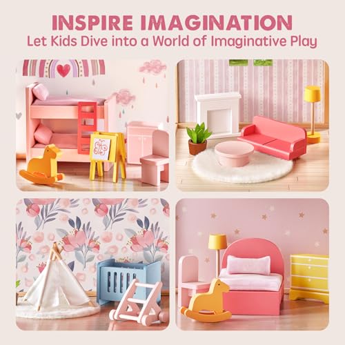 6 Rooms Wooden Dollhouse with 31Pcs Furniture Accessories G3773