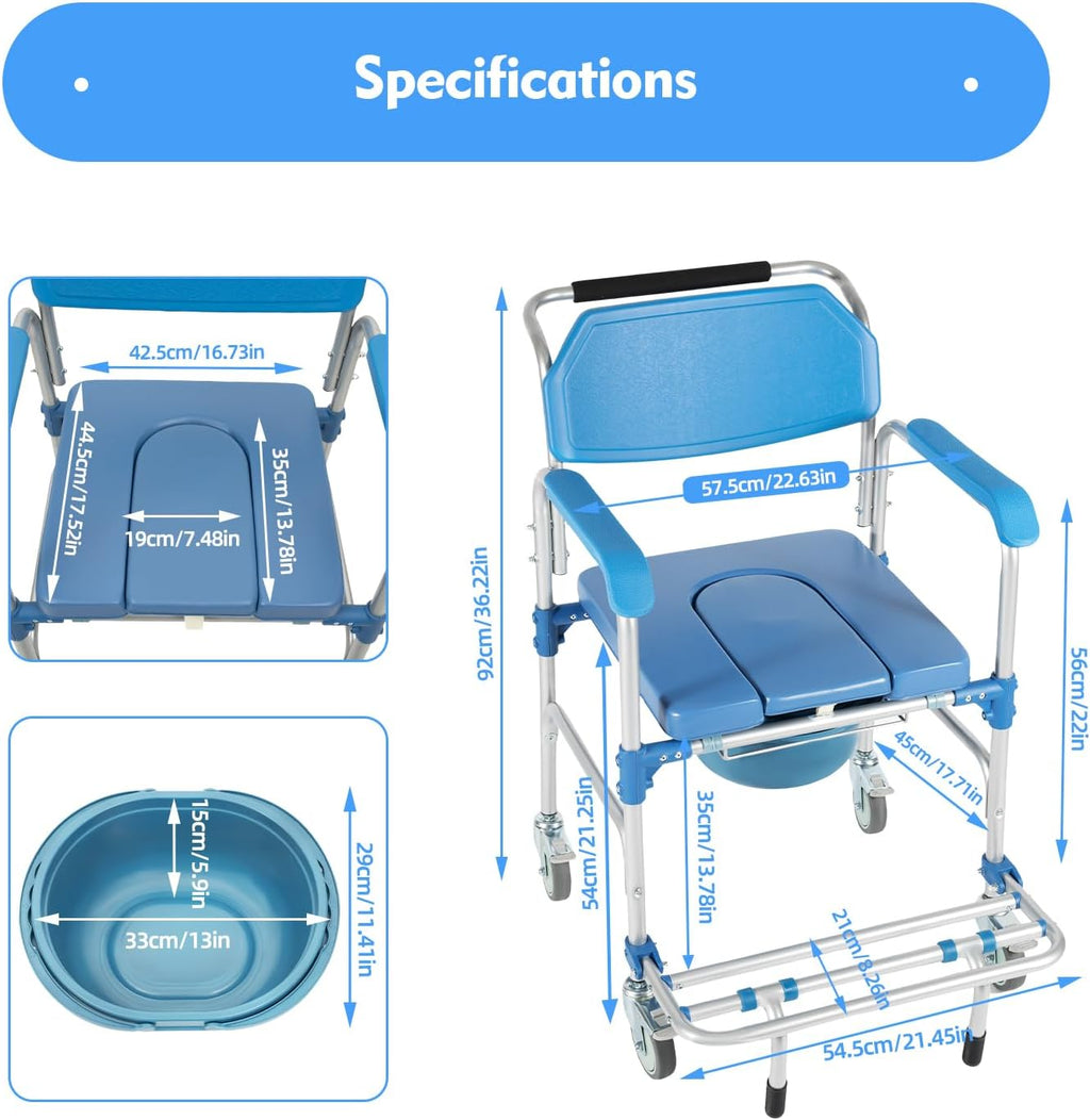 Shower Commode Wheelchair with 4 Universal Wheels, 330Lbs Capacity N6628