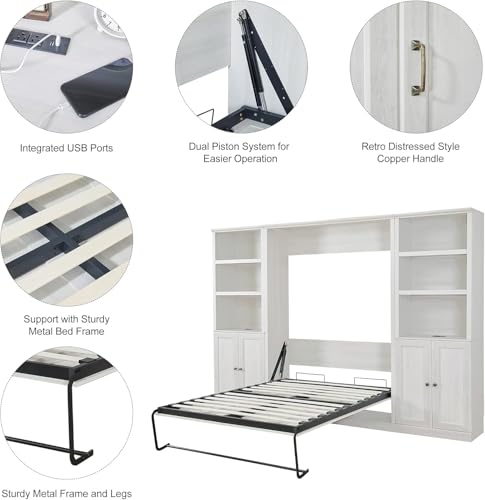Queen Size White Wood Murphy Bed with Storage Bookcase Shelves T158053