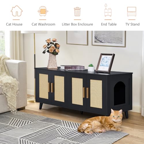 Boho Cat Litter Box Enclosure with Double Rattan Decorated Doors, 47.2"L x 19.7"W x 21.7"H, Natural U430