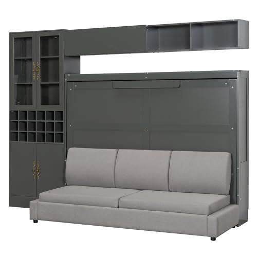 White Wooden Full Size Murphy Bed Frame with Sofa and Storage Shelves G392