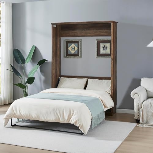 Queen Size White Wood Murphy Bed with Storage Bookcase Shelves T158053