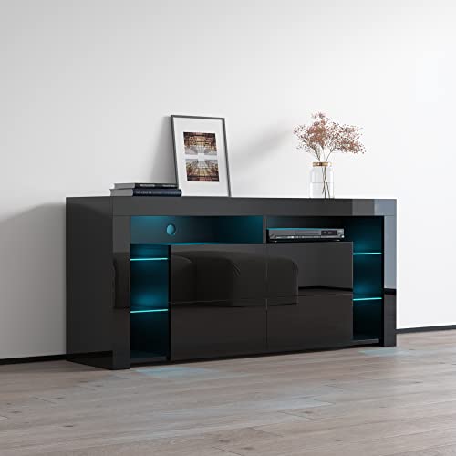 Modern High Gloss 61" TV Stand with Storage Cabinets and LED Lights O176008