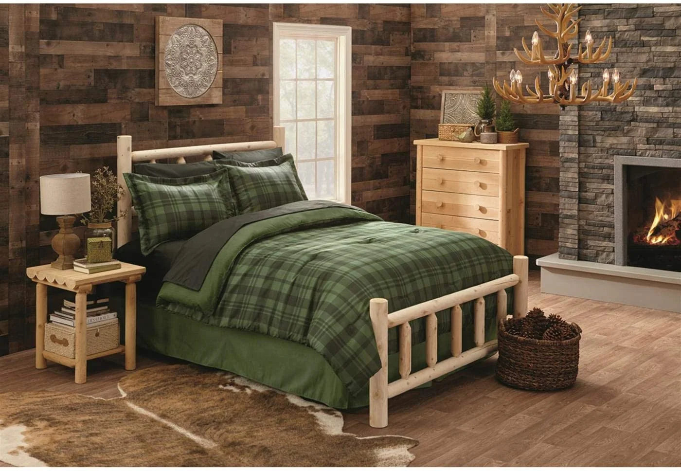 Rustic Natural Unfinished Wooden Queen Bed with Headboard and Footboard U271