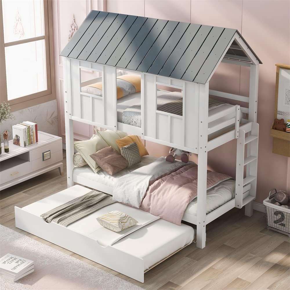 White Wood Twin Over Twin Bunk Bed with Trundle N78992