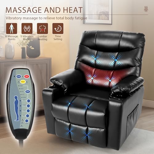 PU Leather Electric Power Lift Chair Recliners with Heat and Massage, Adjustable Back Leg, USB Ports, Cupholders Y5143