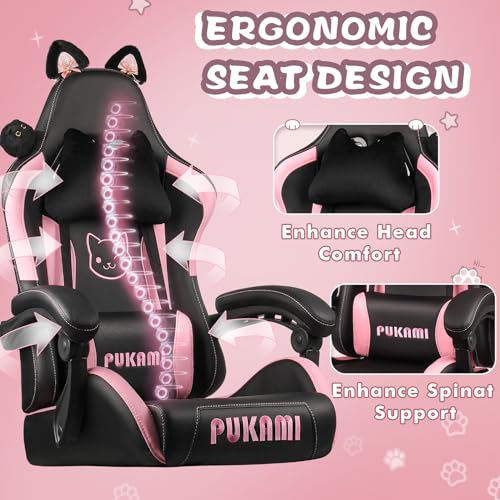 Pink Gaming Chair with Cat Ears and Cat Paw Cushion Pillow with Footrest V491