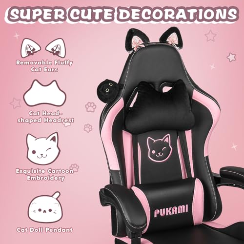 Pink Gaming Chair with Cat Ears and Cat Paw Cushion Pillow with Footrest V491
