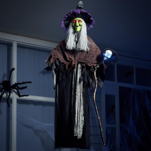 59” Halloween Decorations Outdoor Hanging Witch with Light Up Skull Skeleton Wand Sound Activated L24154