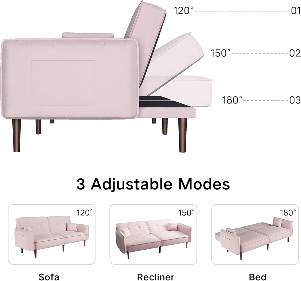 Pink Velvet Convertible Sofa Bed with Magazine Bag N1020