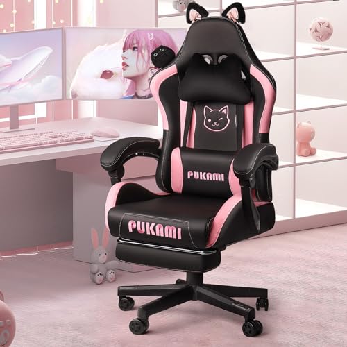Pink Gaming Chair with Cat Ears and Cat Paw Cushion Pillow with Footrest V491
