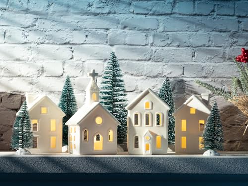 9 Pcs Christmas Village Figurines Sets - 4 Lighted Ceramic Houses with Remote Control & 5 Trees - White Christmas Decorations L2657
