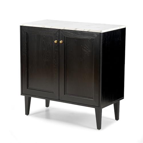 Black Storage Cabinet with Faux Marble Top and Adjustable Shelves D841