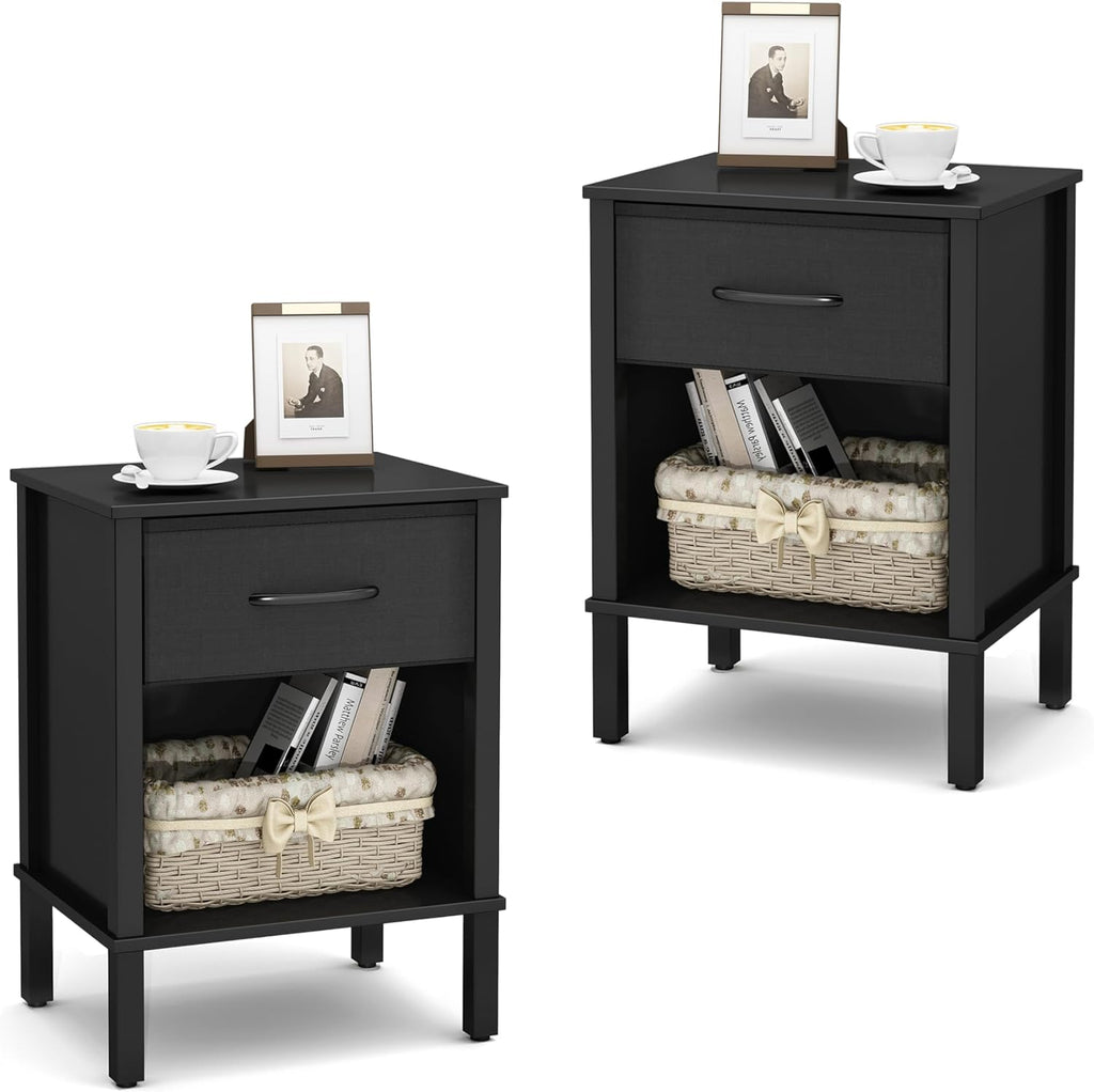 Black Nightstand Set of 2 with Fabric Drawers Q4039
