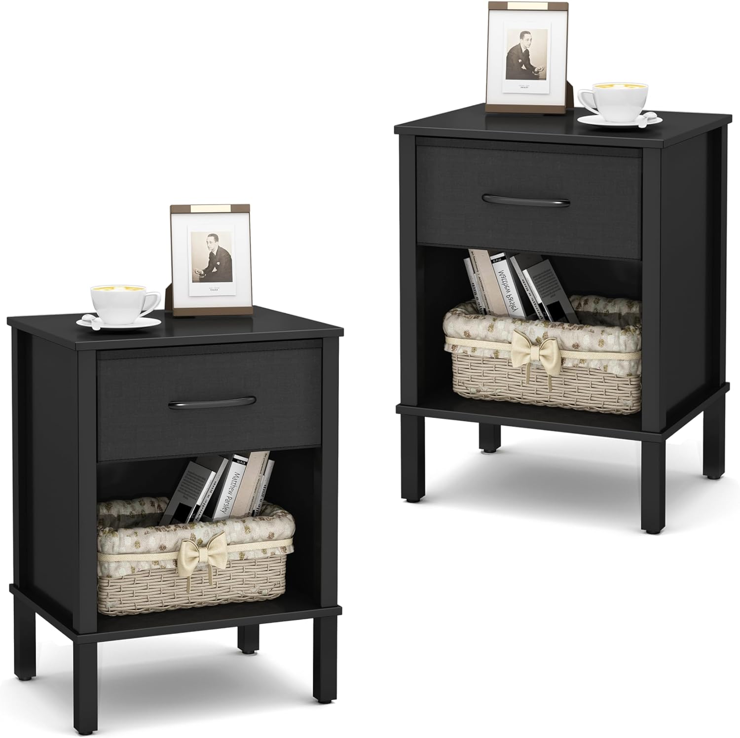 Black Nightstand Set of 2 with Fabric Drawers Q4039
