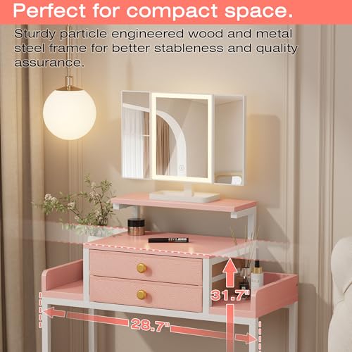 White 28.4''W Small Makeup Vanity Desk with Mirror and Lights, 2 Fabric Drawers O831496