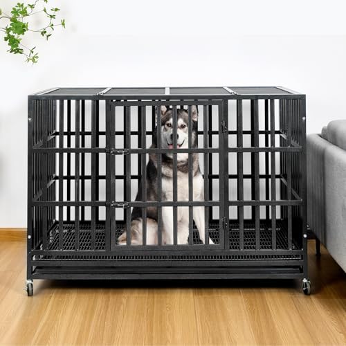 48 Inch Heavy Duty Steel Dog Crate with Wheels and Removable Tray S4564