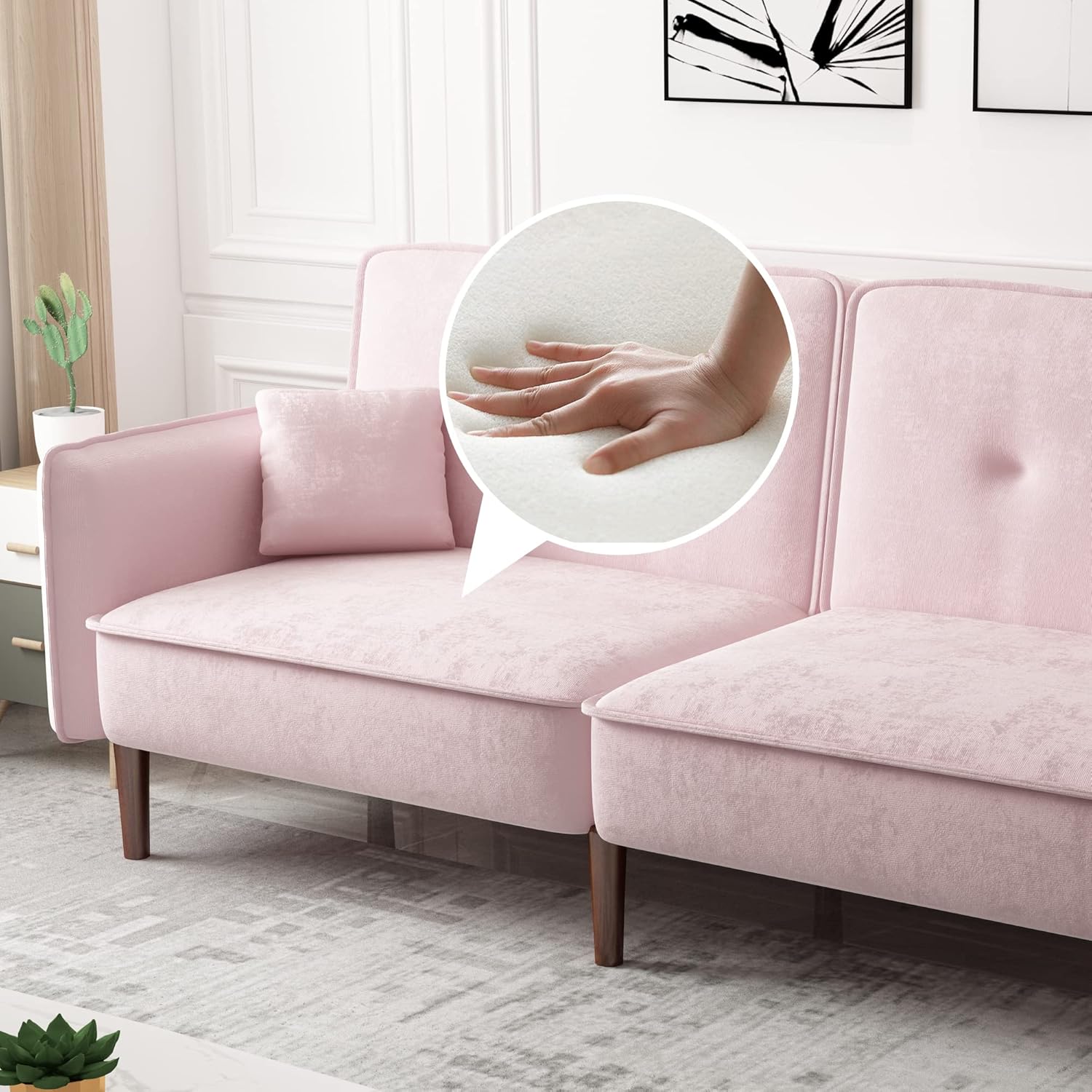 Pink Velvet Convertible Sofa Bed with Magazine Bag N1020