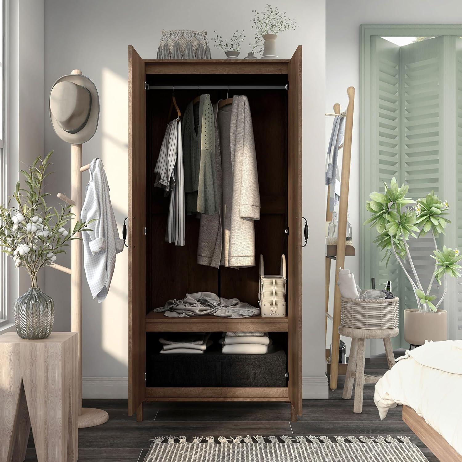 Walnut Brown 2-Doors Wood Armoire Wardrobe Closet with Fixed Shelves and Hanging Rack M110984