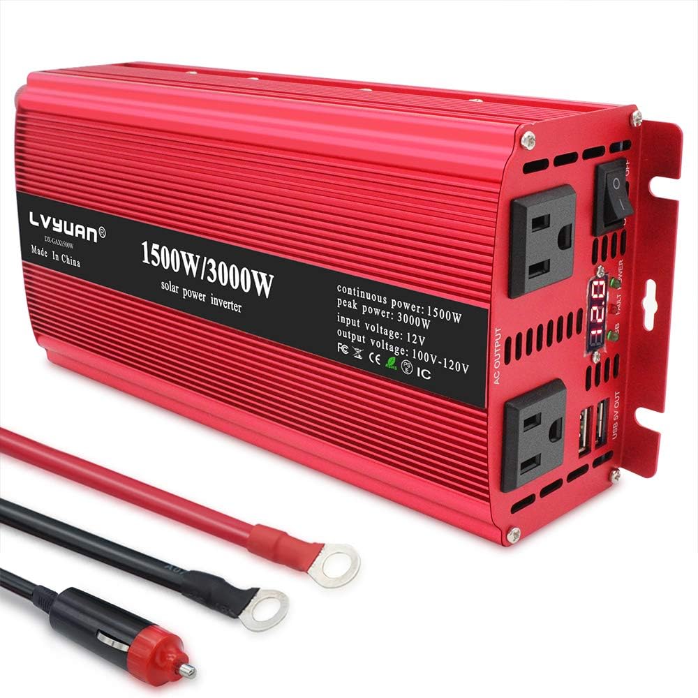1500 Watts Car Power Inverter 12V to 110V DC to AC Converter Dual AC Outlets Dual 3.1A USB Ports V556579