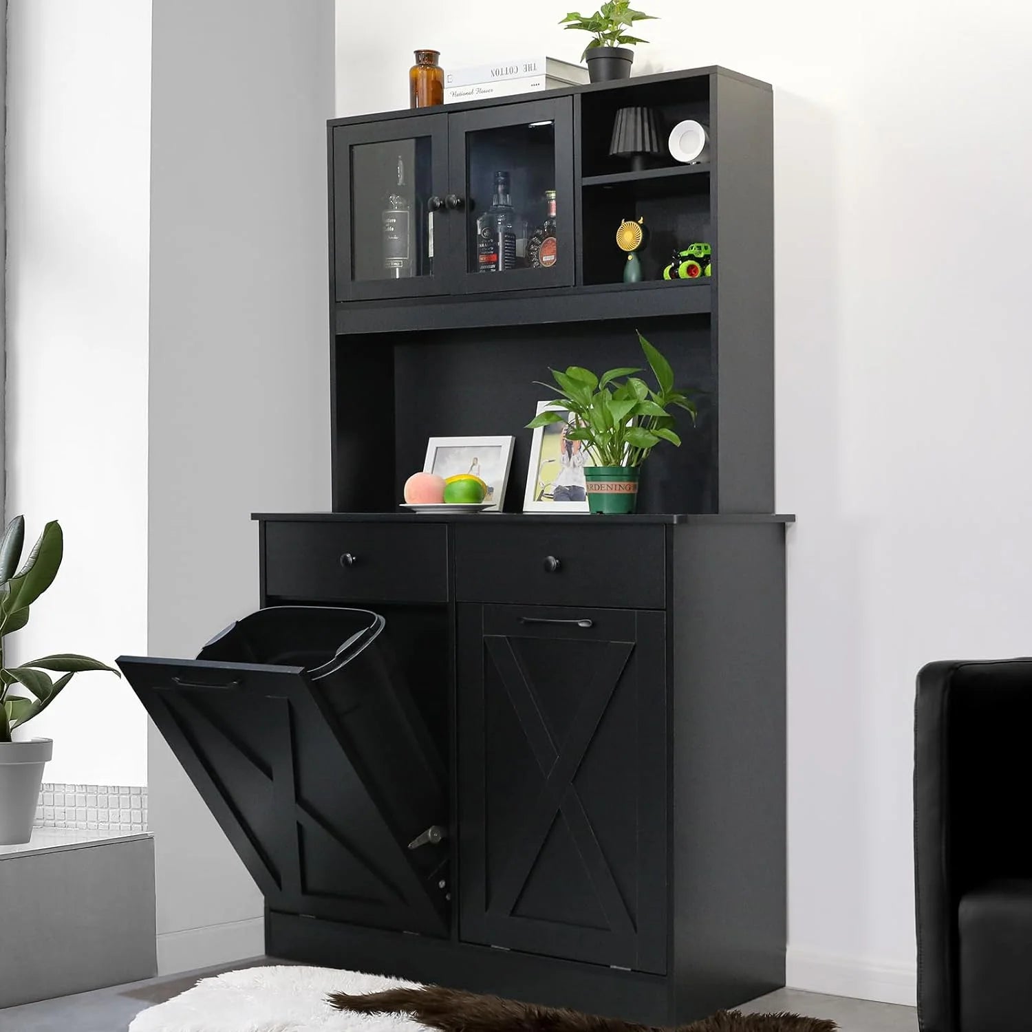 Wooden Double Tilt Out Trash Cabinet with Drawers, Shelves U215