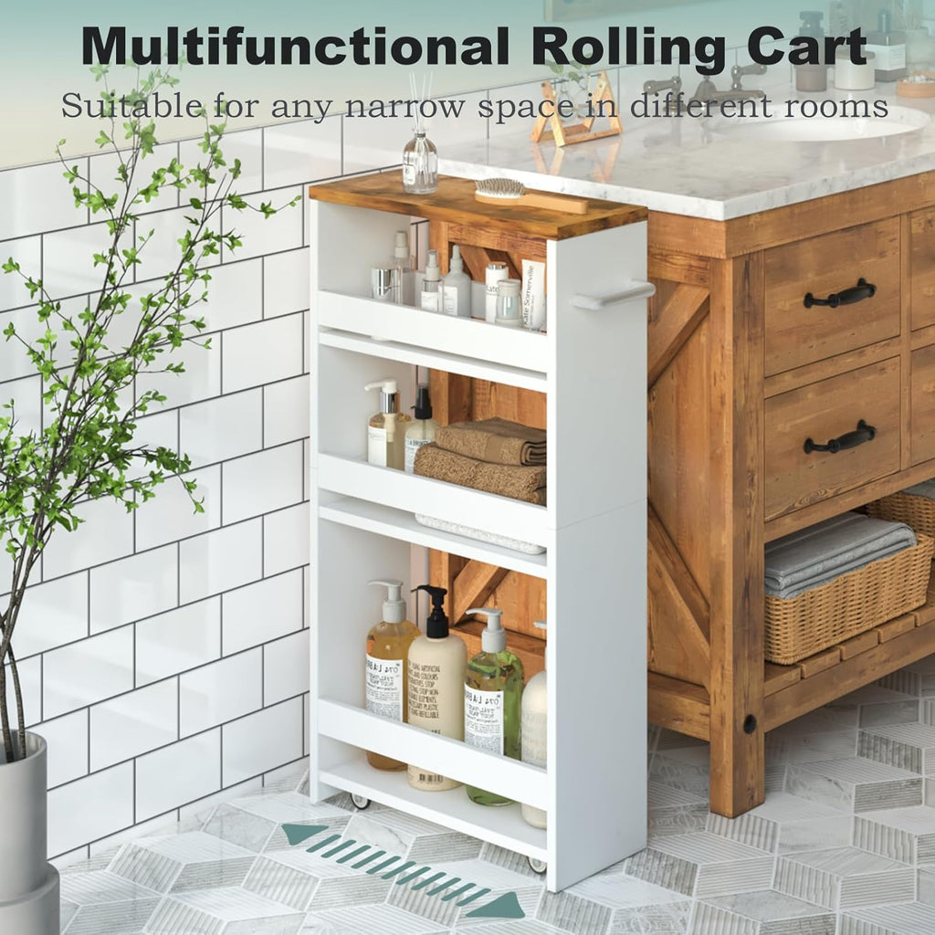 4-Tier Wood White Rolling Storage Cart D9690