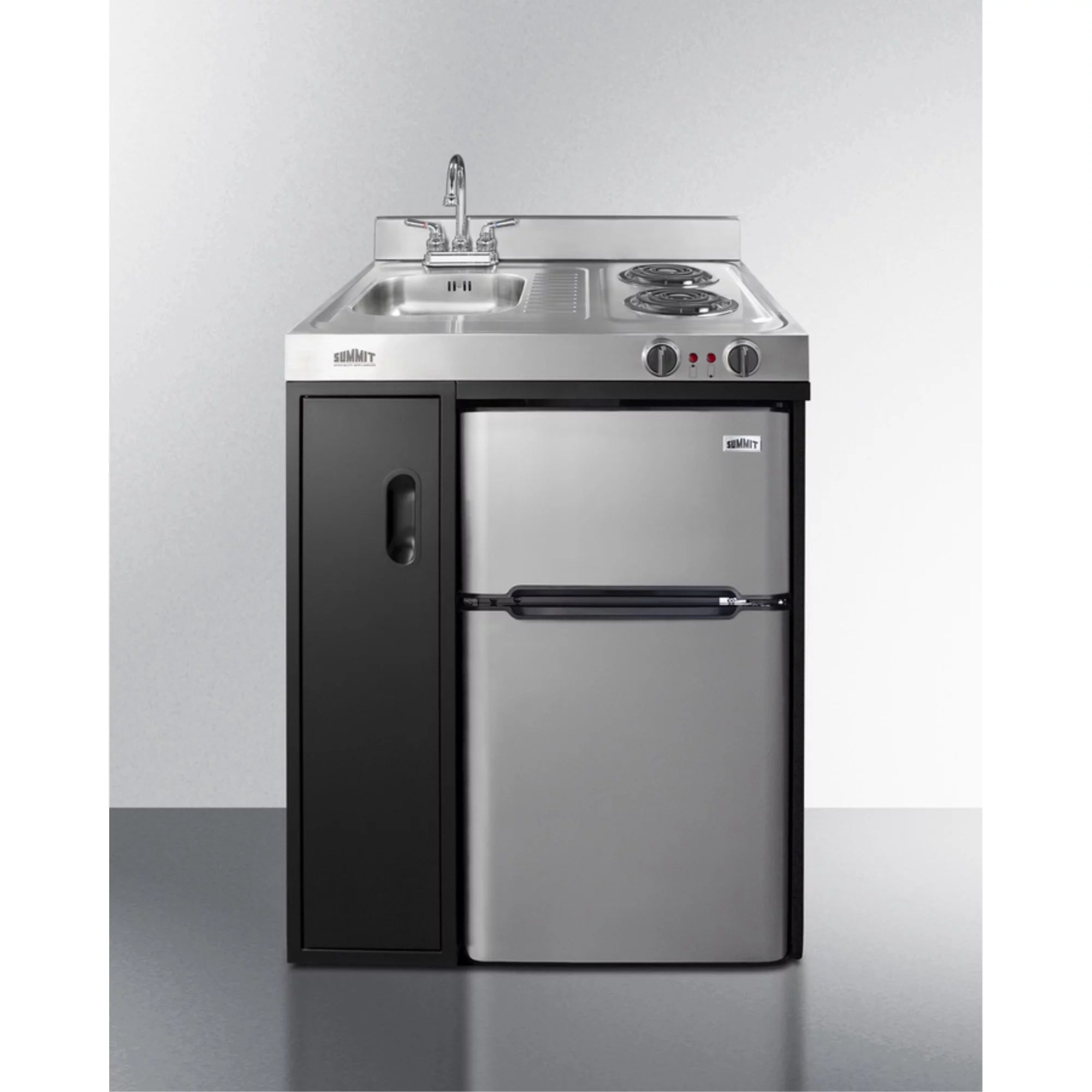 30" wide all-in-one kitchenette with 2-burner 115V coil cooktop, refrigerator-freezer, sink, and storage cabinet I812