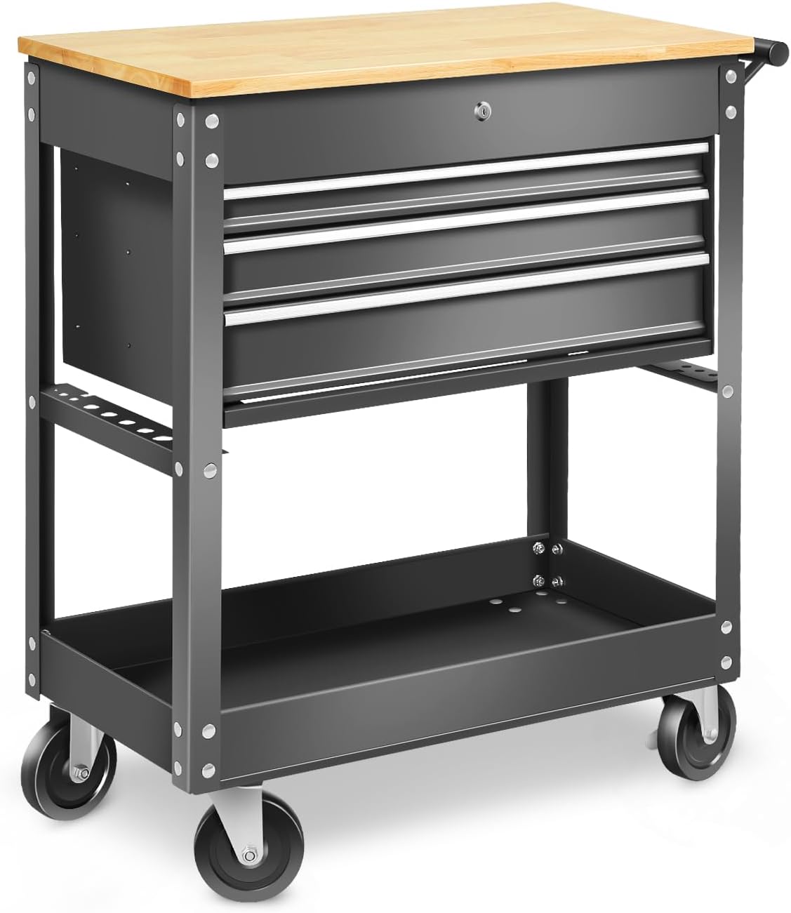 Black 3-Drawer Wood Top Rolling Tool Chest U126