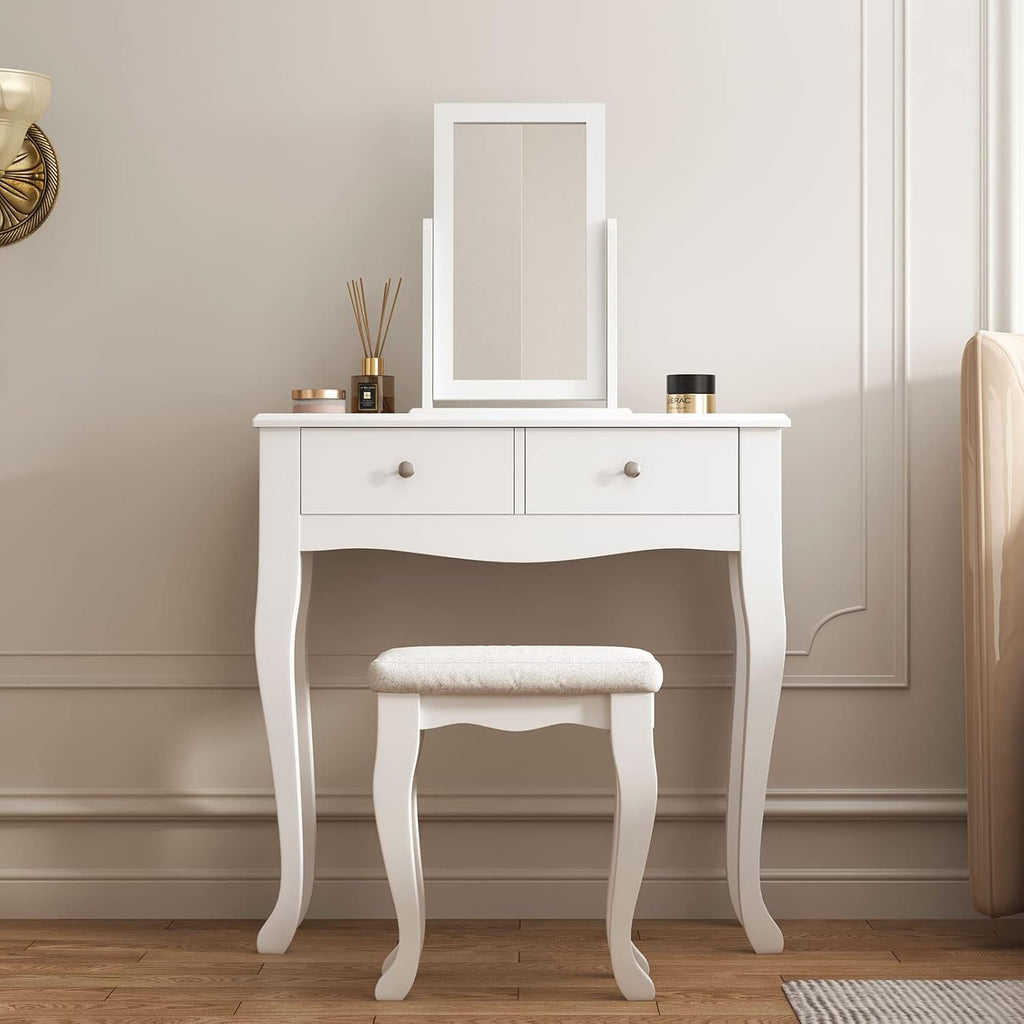 White Wooden Vanity Dressing Table with Mirror and Stool, 2 Drawers E106