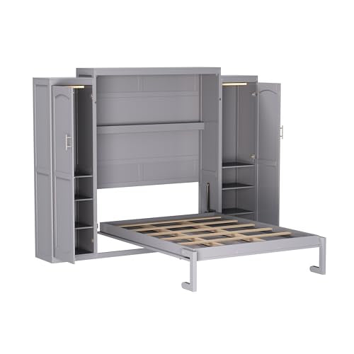 White Queen Size Wooden Murphy Wall Bed with Storage Shelf I185303