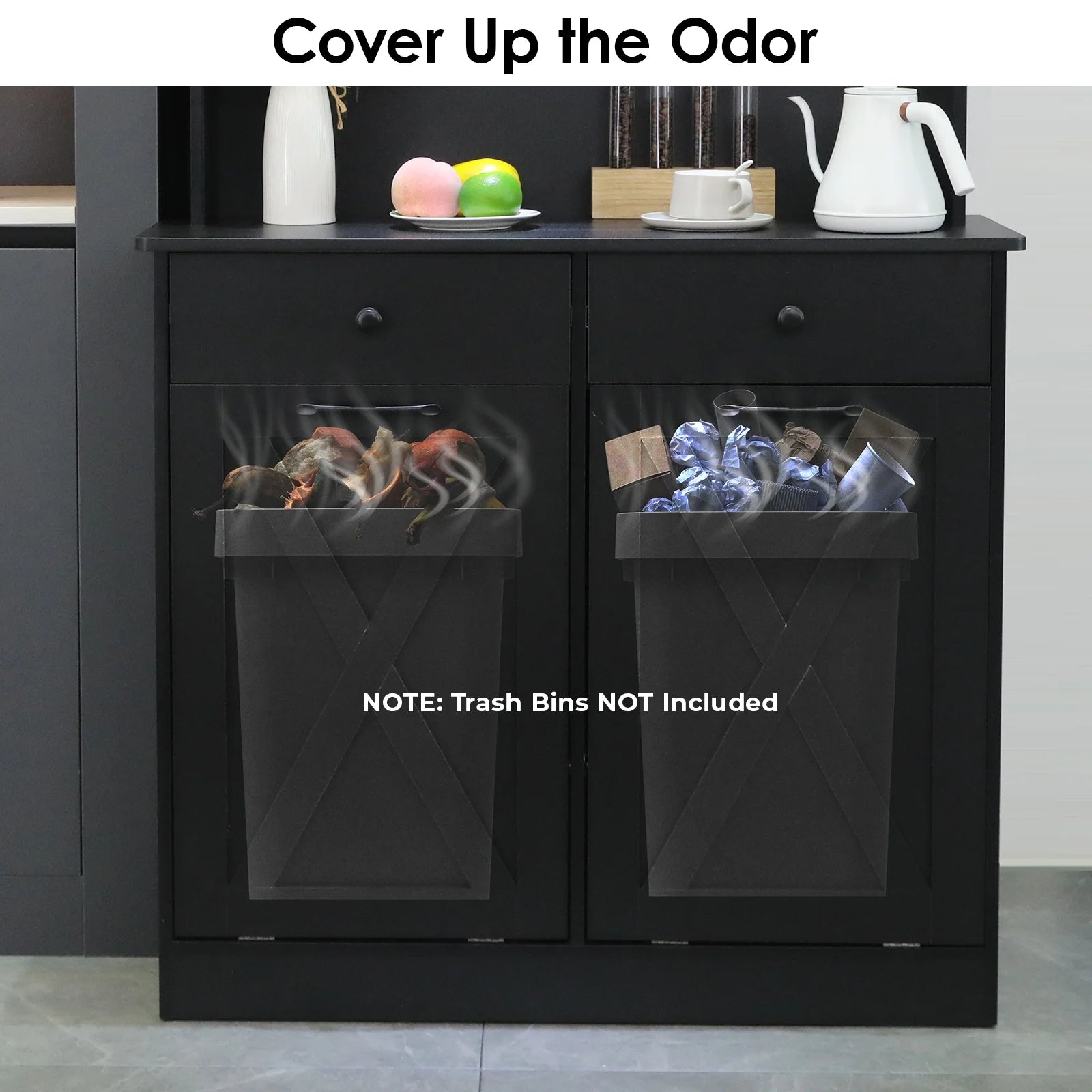 Wooden Double Tilt Out Trash Cabinet with Drawers, Shelves U215