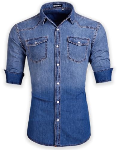 Men's Long Sleeve Double Pocket Snap Denim Shirt D3762