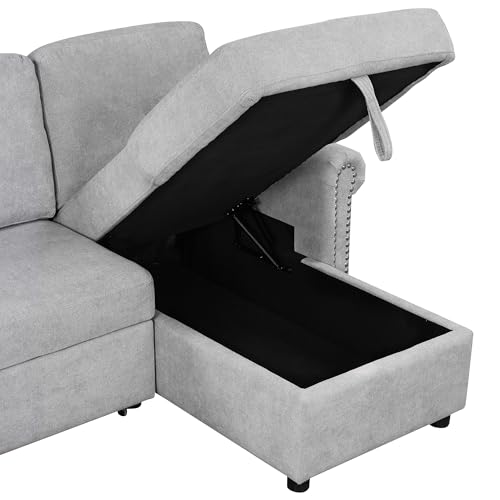 Gray Velvet L Shaped Sleeper Sectional Sofa with Storage Chaise Lounge N386891