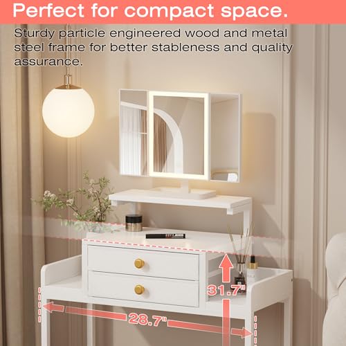 White 28.4''W Small Makeup Vanity Desk with Mirror and Lights, 2 Fabric Drawers O831496