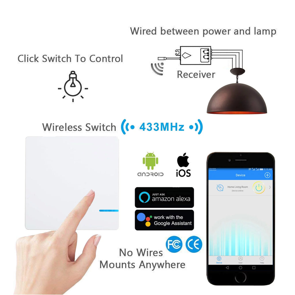 Smart Light Switch WiFi Wall Wireless 1-gang Switch with 2x WIFI Receiver E47777