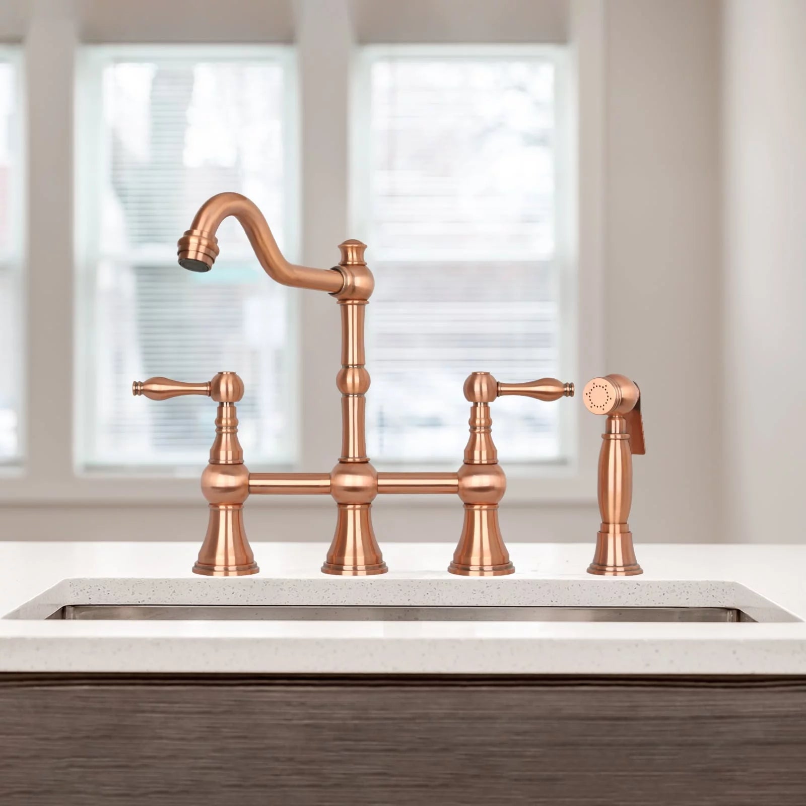 Copper Two-Handles Bridge Kitchen Faucet with Side Sprayer F1381