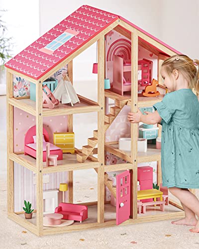 6 Rooms Wooden Dollhouse with 31Pcs Furniture Accessories G3773